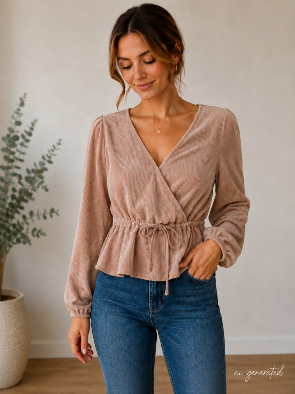 Madewell Faux Wrap Blouse M Tie Waist Ribbed Corduroy Long Sleeve Taupe Pink